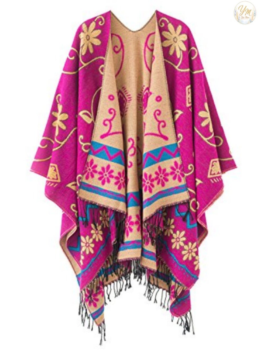 Womens Retro Vintage Pattern Tassel Poncho Shawl Cape Wrap